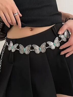 NEW Silver Butterfly Chain Belt with Turquoise Accents